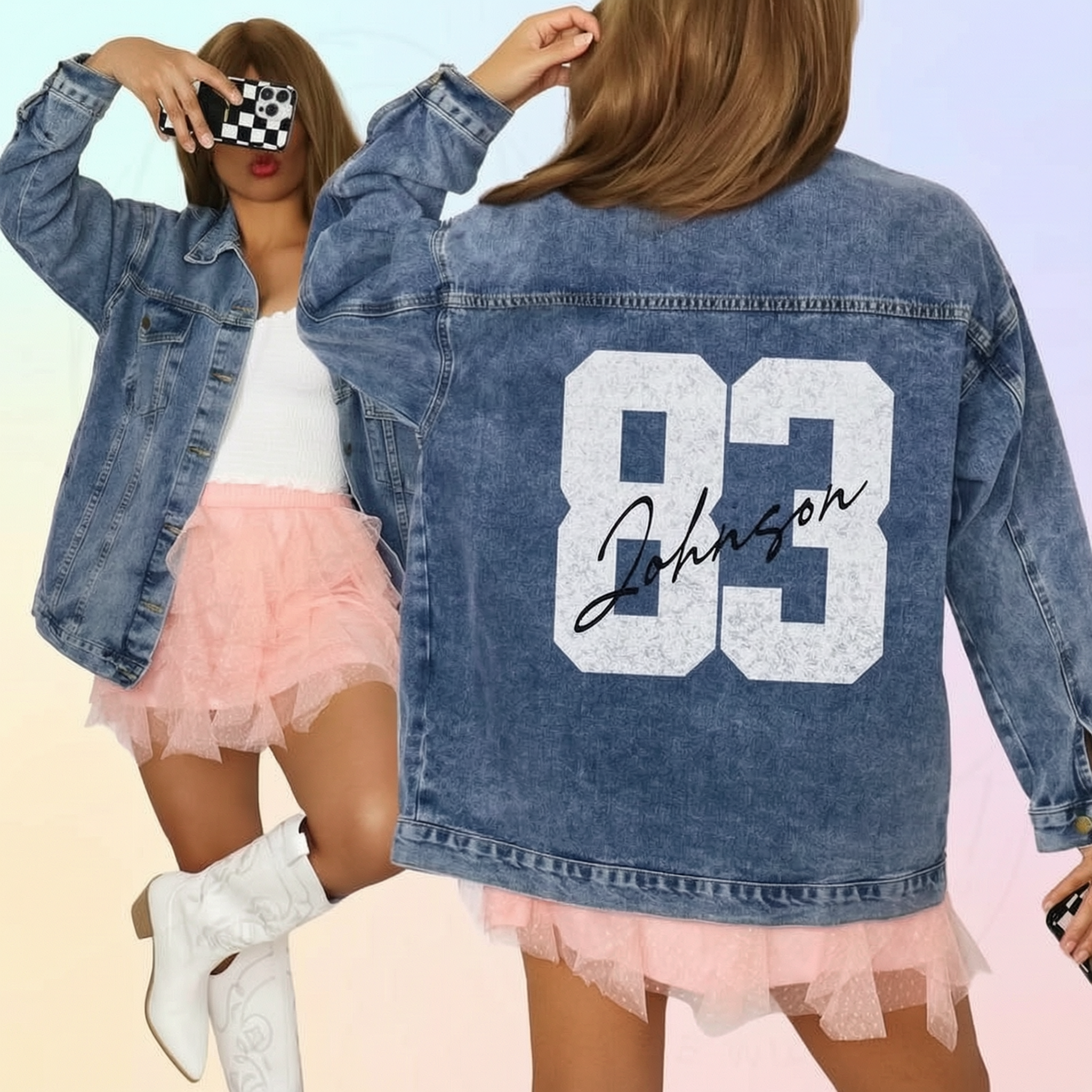 Personalized Autograph Jersey Number Denim Jacket, Custom Fan Game Day Name Color Jean Jacket