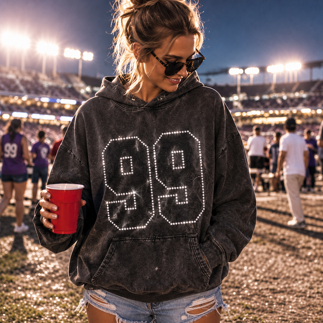 Custom Crystal Outline Number Washed Hoodie