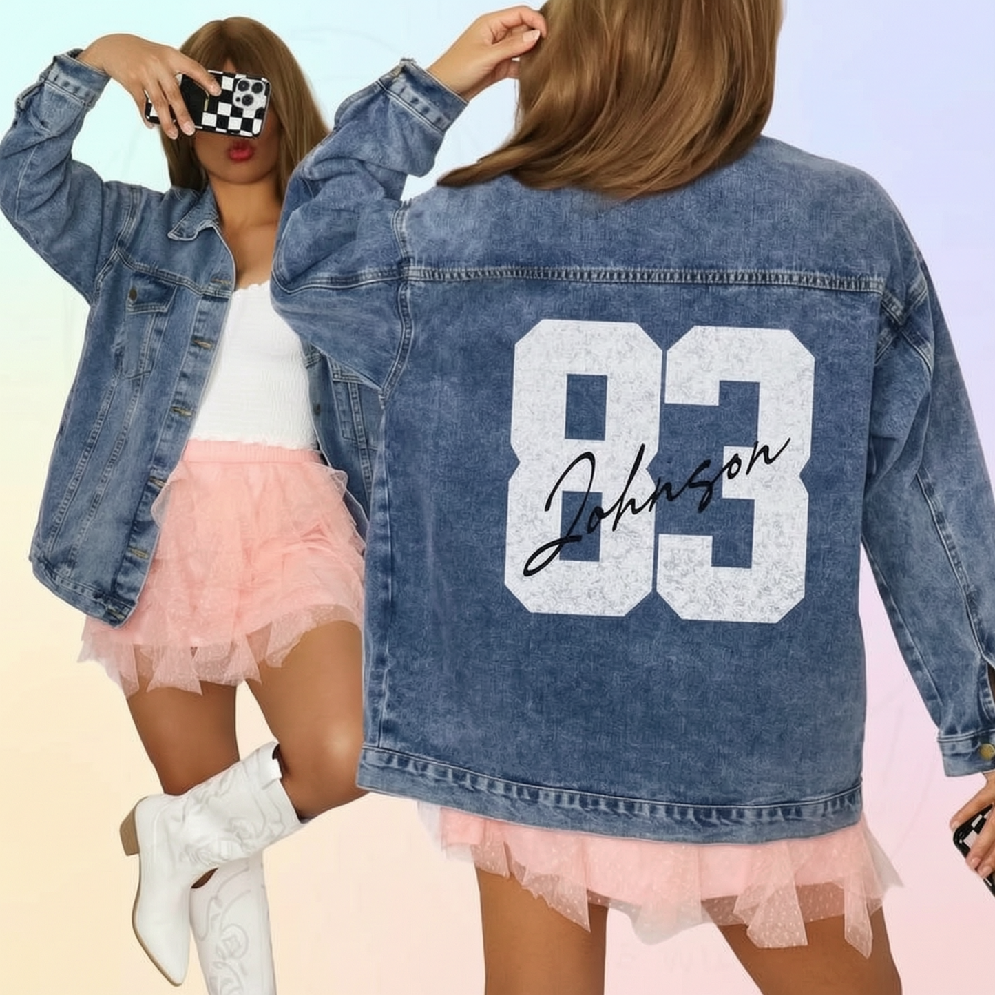 Personalized Autograph Jersey Number Denim Jacket, Custom Fan Game Day Name Color Jean Jacket