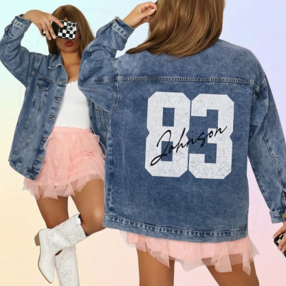 Personalized Autograph Jersey Number Denim Jacket, Custom Fan Game Day Name Color Jean Jacket