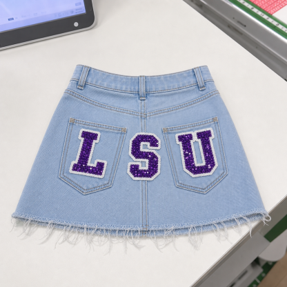 Custom Sequin Letter Denim Mini Skirt | Personalized Game Day Jean Skirt | Tailgate Outfit | Custom College Team Skort | Western Cowgirl Skirt