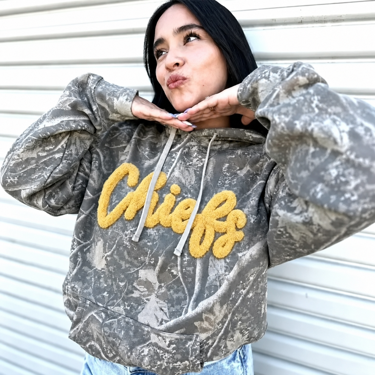Custom Chenille YARN Team Name Sweatshirt Camo Sweatshirt Custom School Team Name Crewneck