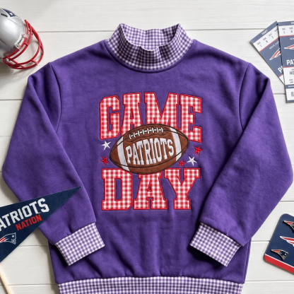 Embroidered Football Gingham Mockneck Sweatshirt-Custom Game Day Fan Style