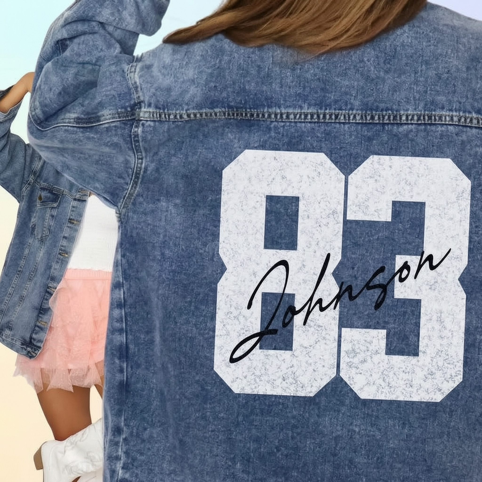 Personalized Autograph Jersey Number Denim Jacket, Custom Fan Game Day Name Color Jean Jacket