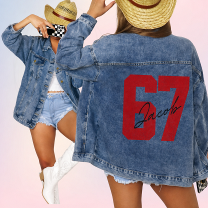 Personalized Autograph Jersey Number Denim Jacket, Custom Fan Game Day Name Color Jean Jacket