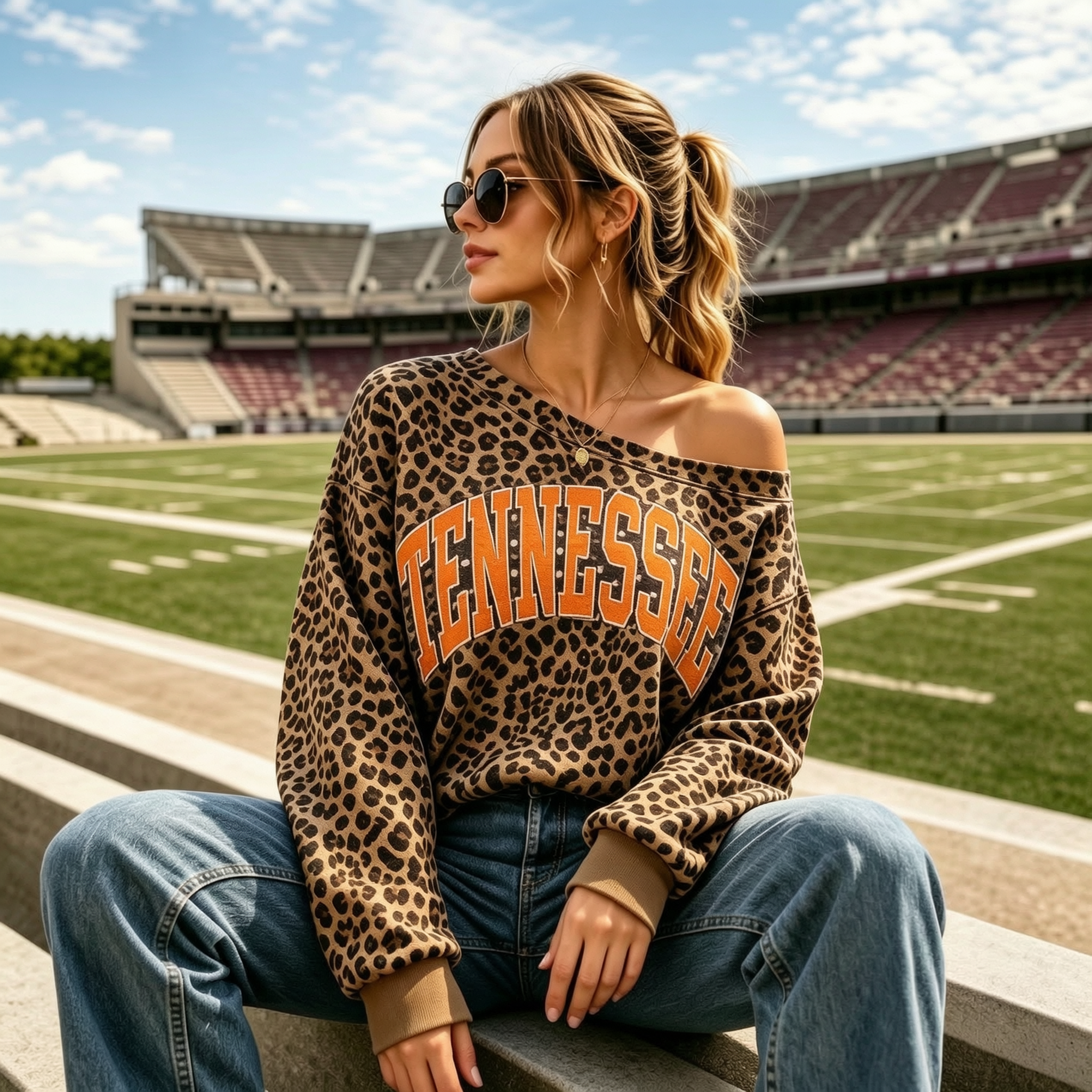Custom Leopard Off-Shoulder Graphic Game Day Sweatshirt