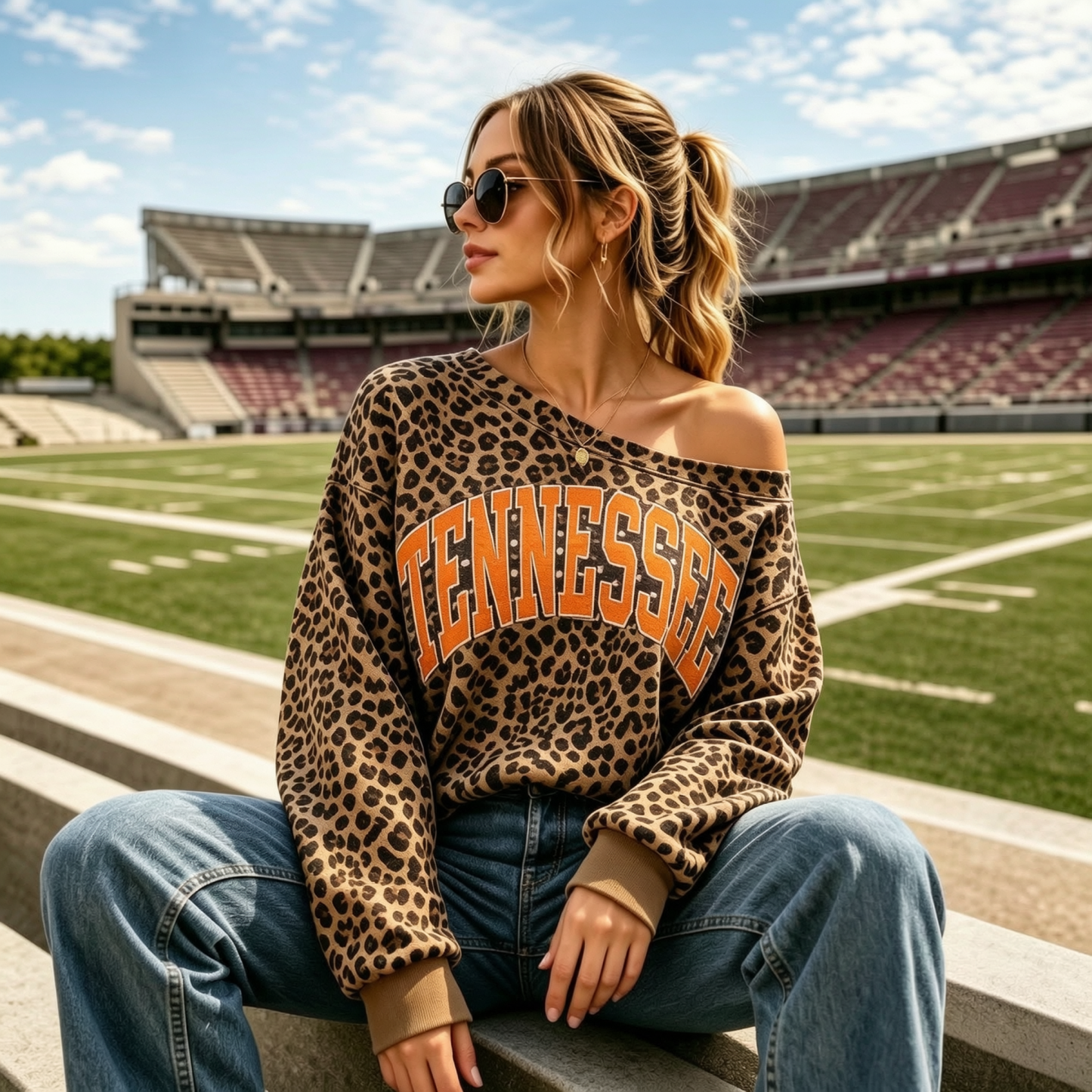 Custom Leopard Off-Shoulder Graphic Game Day Sweatshirt