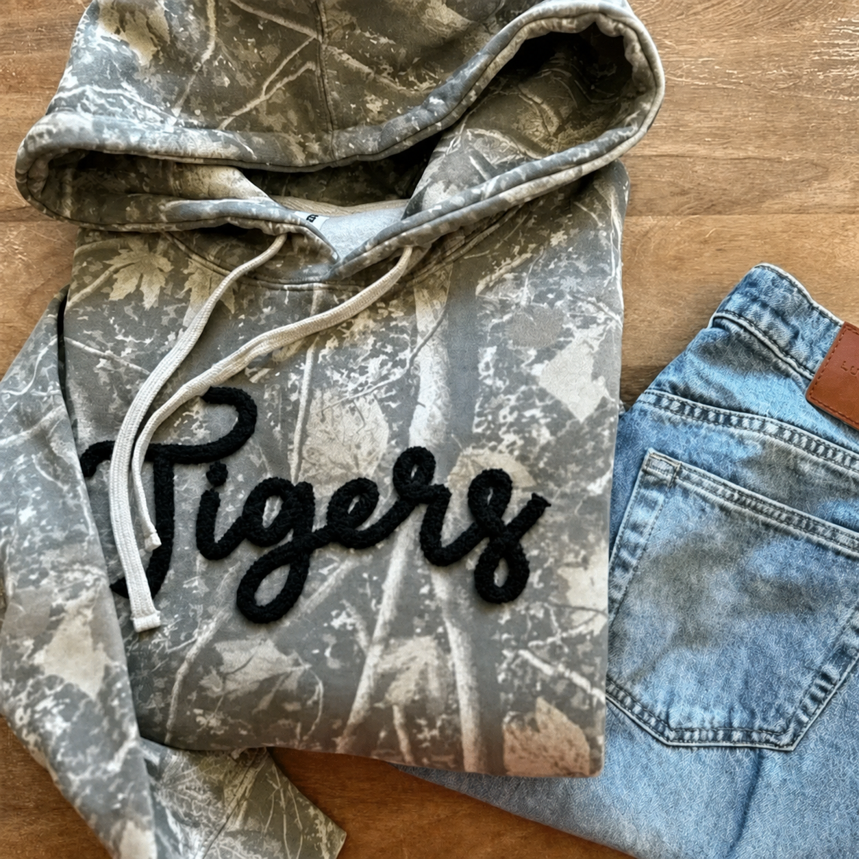 Custom Chenille YARN Team Name Sweatshirt Camo Sweatshirt Custom School Team Name Crewneck