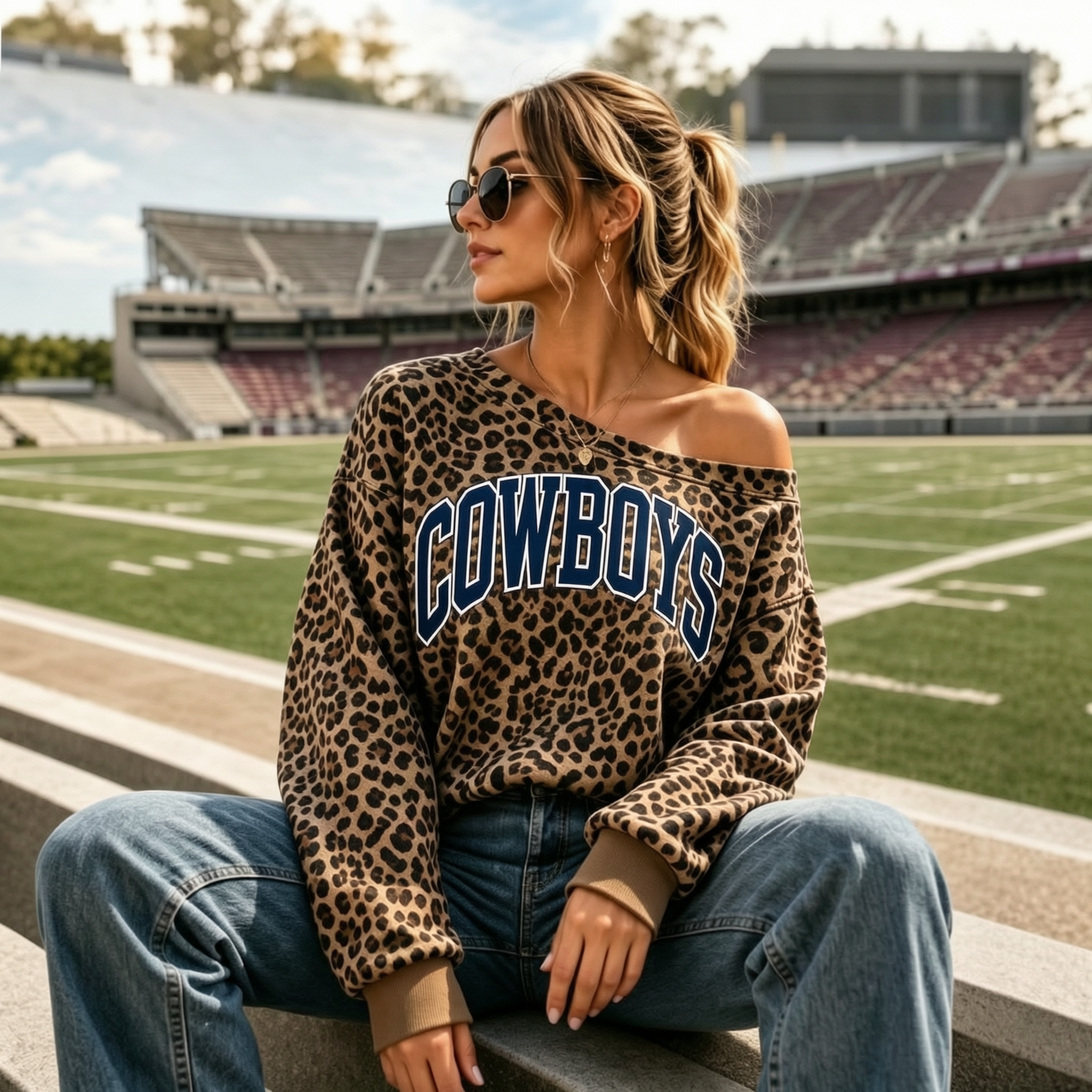 Custom Leopard Off-Shoulder Graphic Game Day Sweatshirt