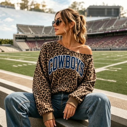Custom Leopard Off-Shoulder Graphic Game Day Sweatshirt