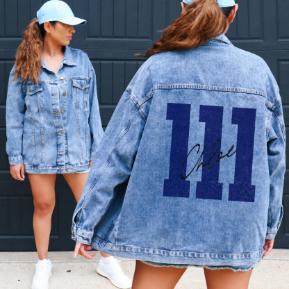 Personalized Autograph Jersey Number Denim Jacket, Custom Fan Game Day Name Color Jean Jacket