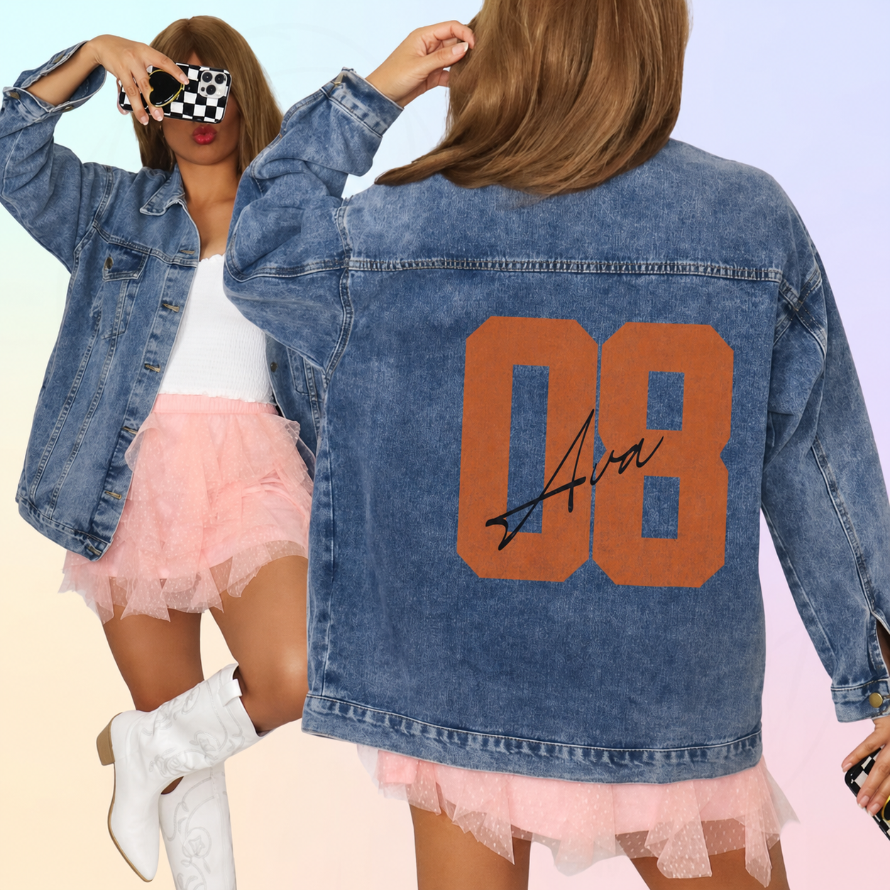 Personalized Autograph Jersey Number Denim Jacket, Custom Fan Game Day Name Color Jean Jacket