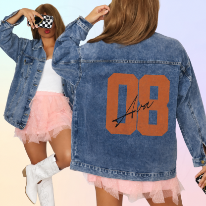 Personalized Autograph Jersey Number Denim Jacket, Custom Fan Game Day Name Color Jean Jacket