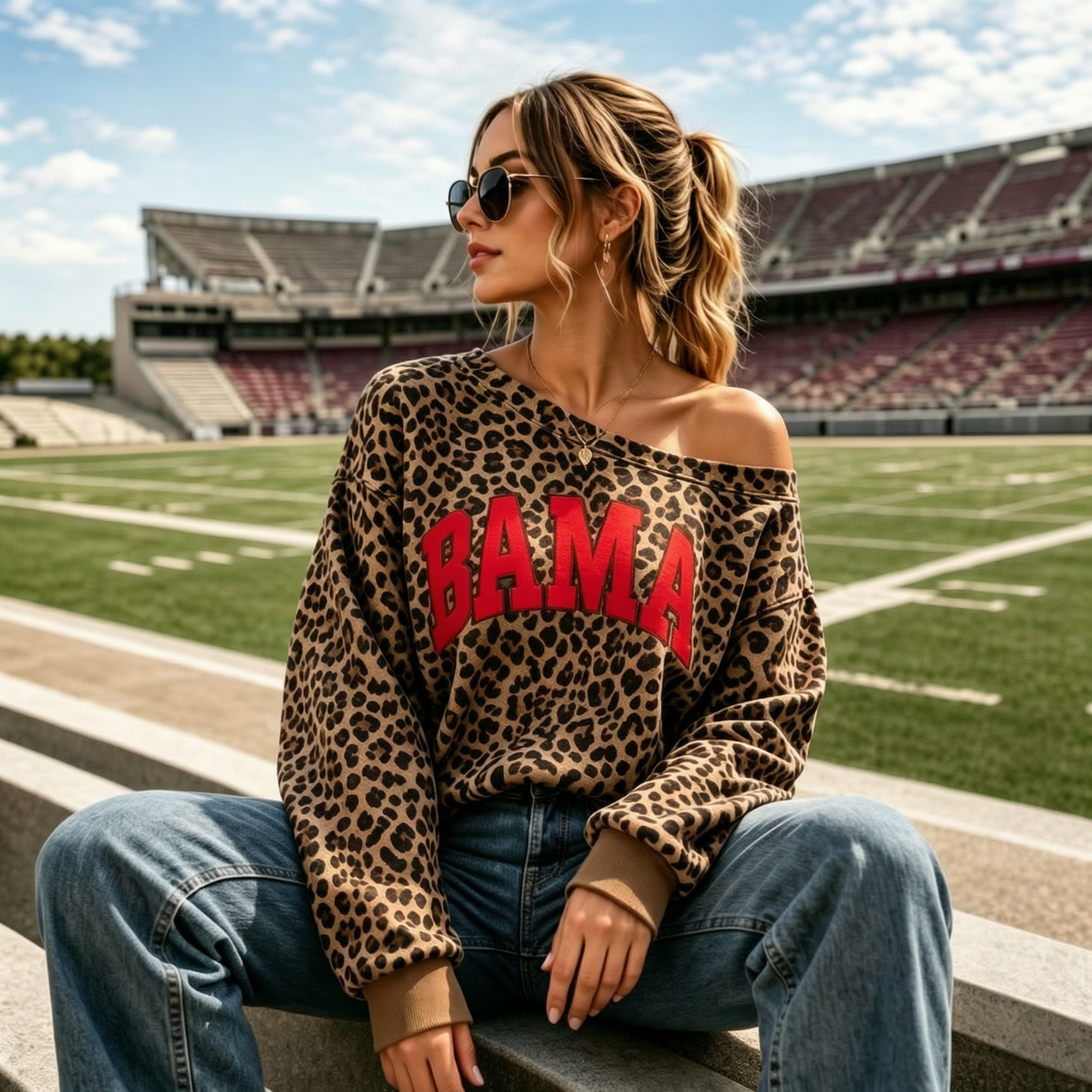 Custom Leopard Off-Shoulder Graphic Game Day Sweatshirt