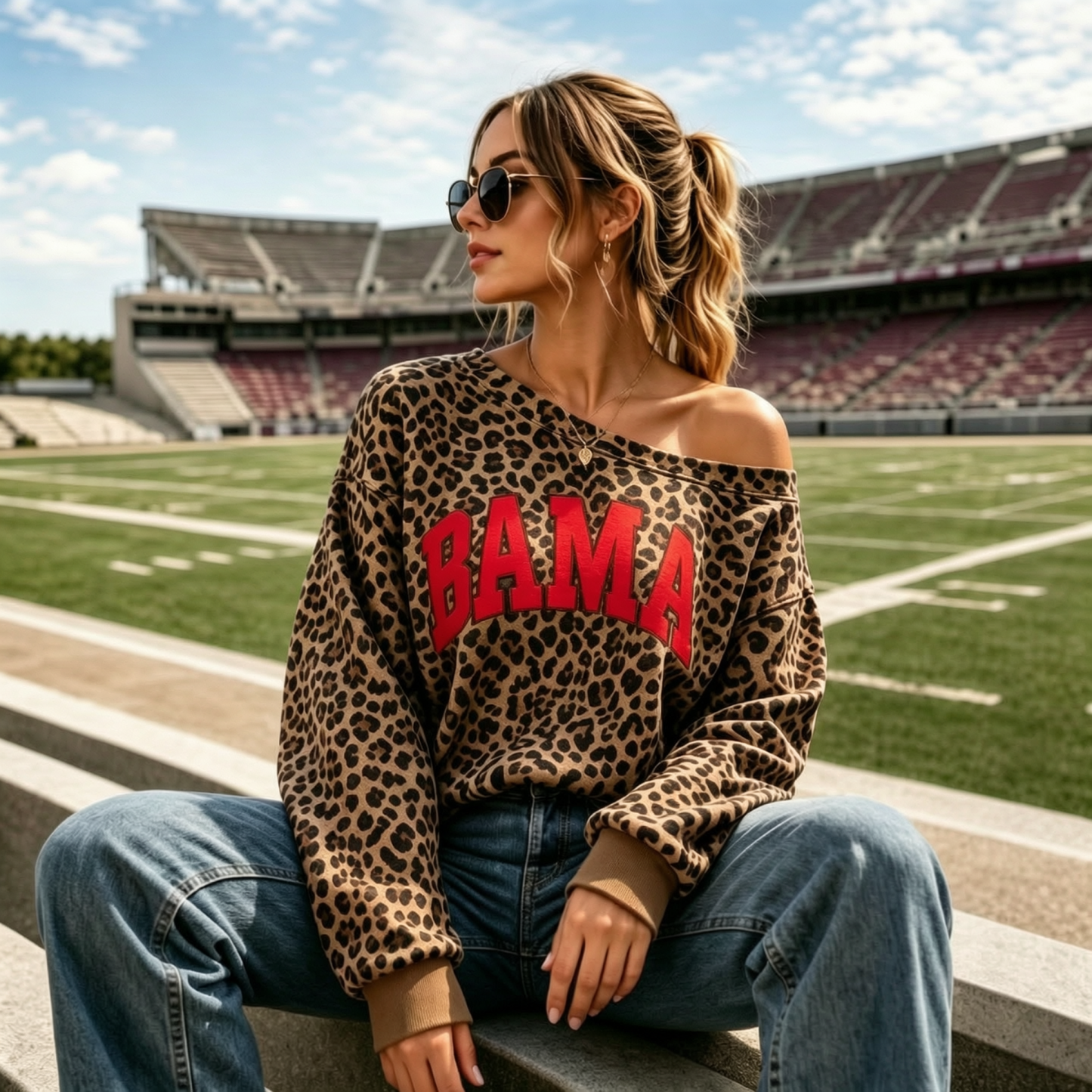 Custom Leopard Off-Shoulder Graphic Game Day Sweatshirt