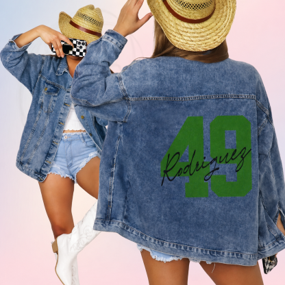 Personalized Autograph Jersey Number Denim Jacket, Custom Fan Game Day Name Color Jean Jacket