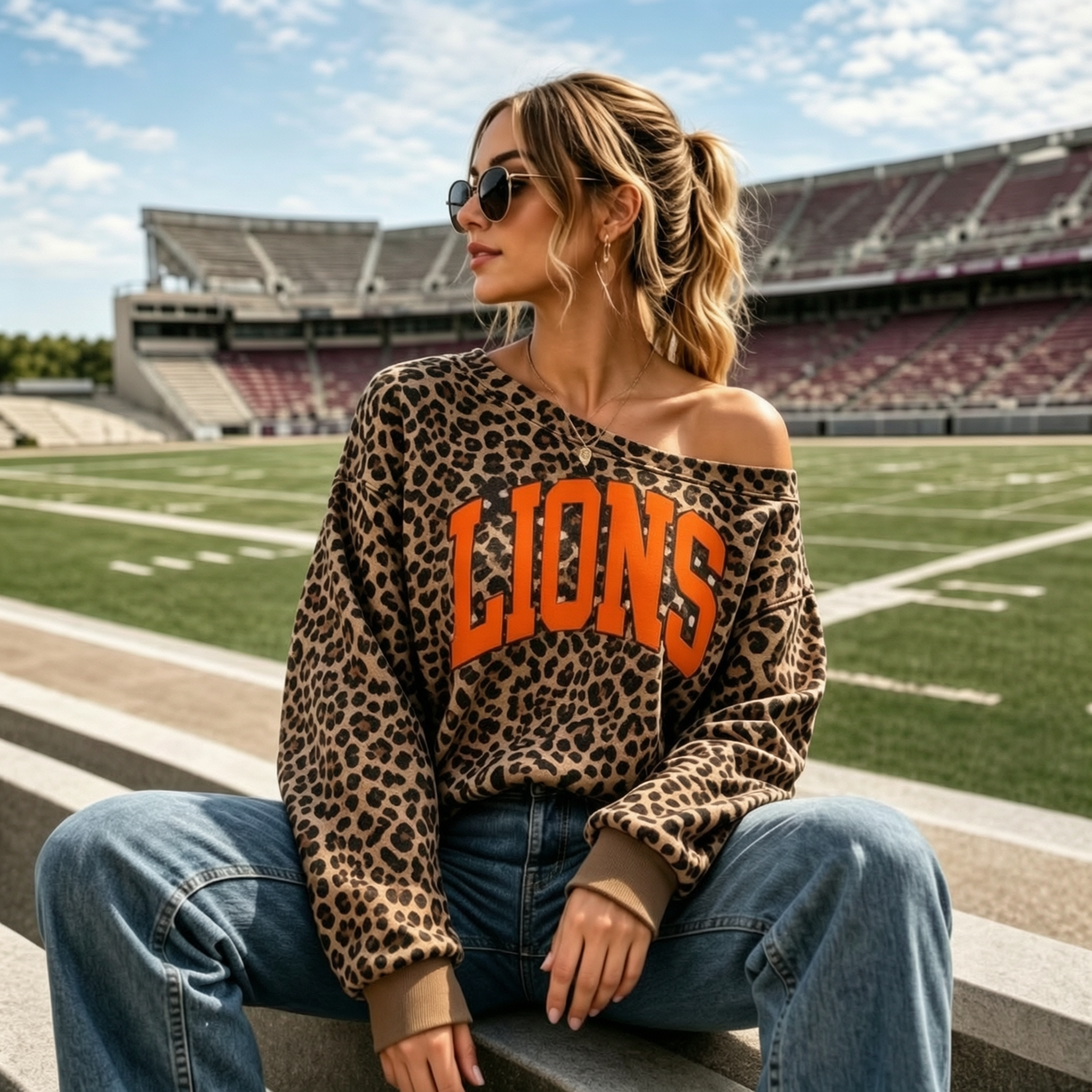 Custom Leopard Off-Shoulder Graphic Game Day Sweatshirt