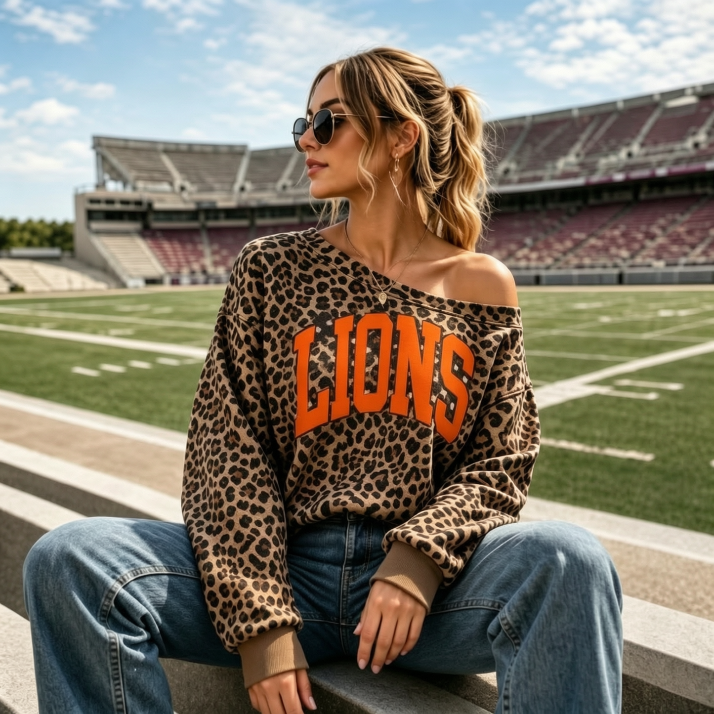 Custom Leopard Off-Shoulder Graphic Game Day Sweatshirt