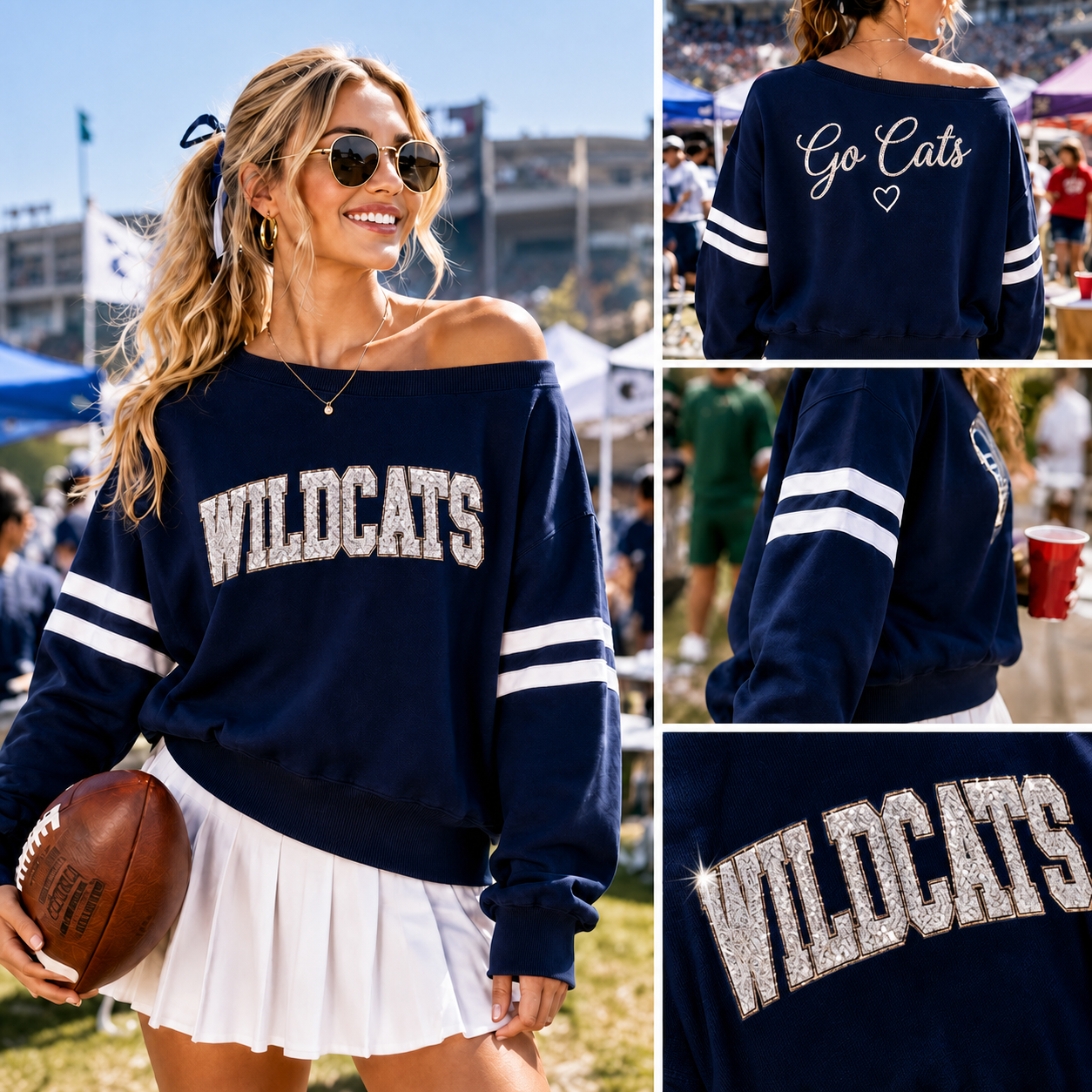 Custom Sequin Letter Off-Shoulder Sweatshirt, Personalized Embroidered Back Game Day Top