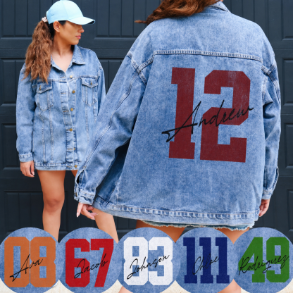 Personalized Autograph Jersey Number Denim Jacket, Custom Fan Game Day Name Color Jean Jacket