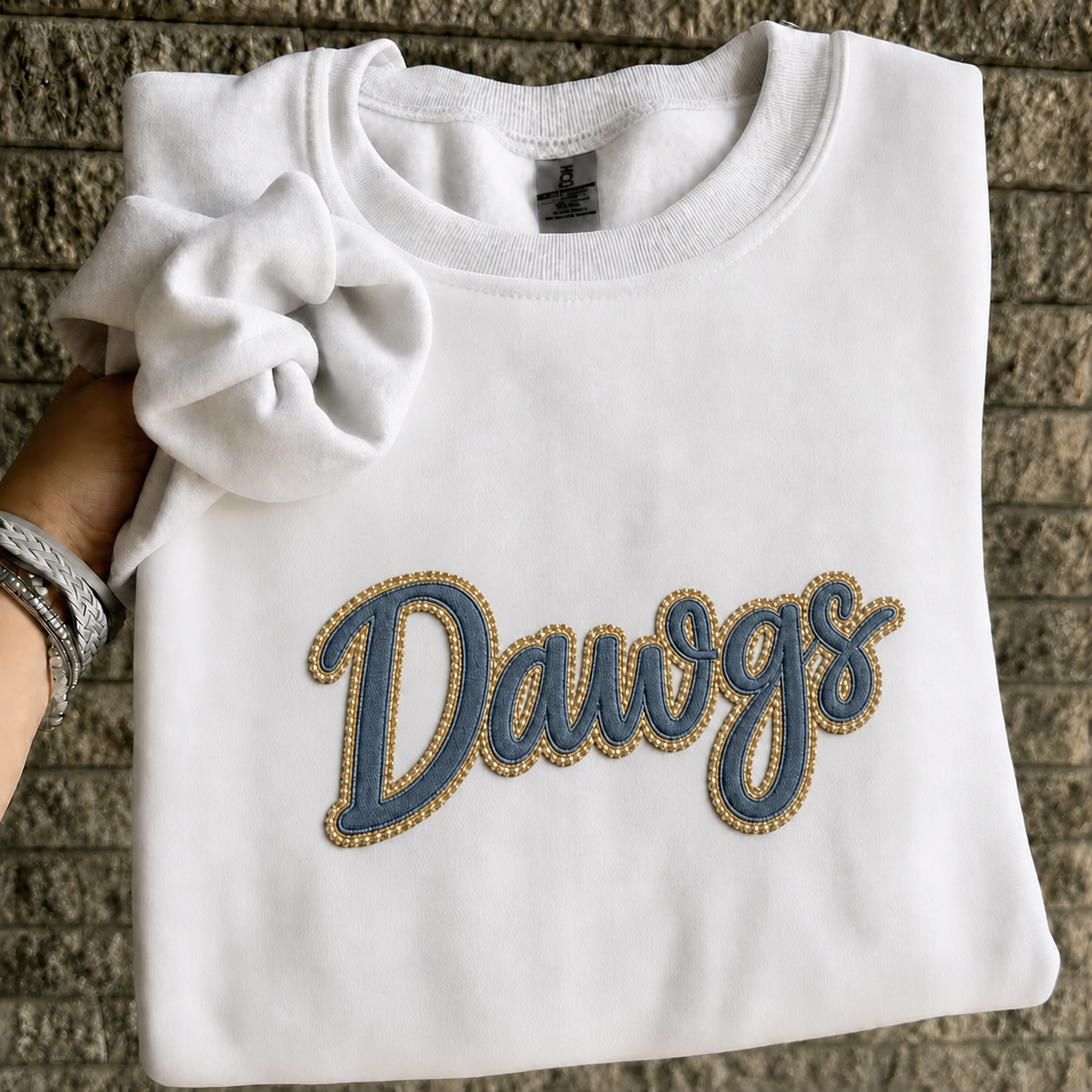 Custom Denim Appliqué Sequin Outline Game Day Crewneck Sweatshirt