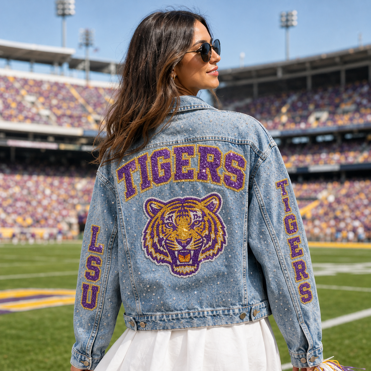 Custom Rhinestone & Glitter Denim Jacket, Personalized Text & Graphic Game Day Jacket