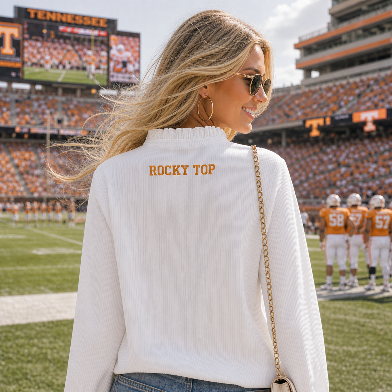 Custom Embroidered Ruffle Trim Game Day Shirt, Personalized Team Name Cardigan-Style Blouse