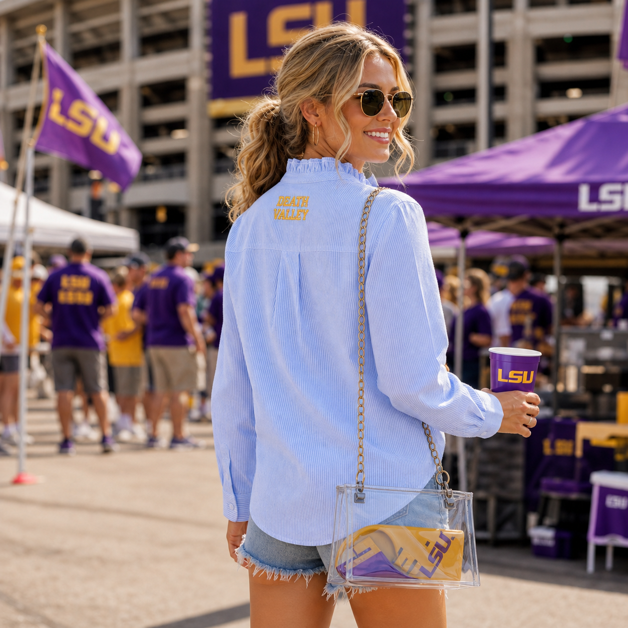Custom Embroidered Ruffle Trim Game Day Shirt, Personalized Team Name Cardigan-Style Blouse