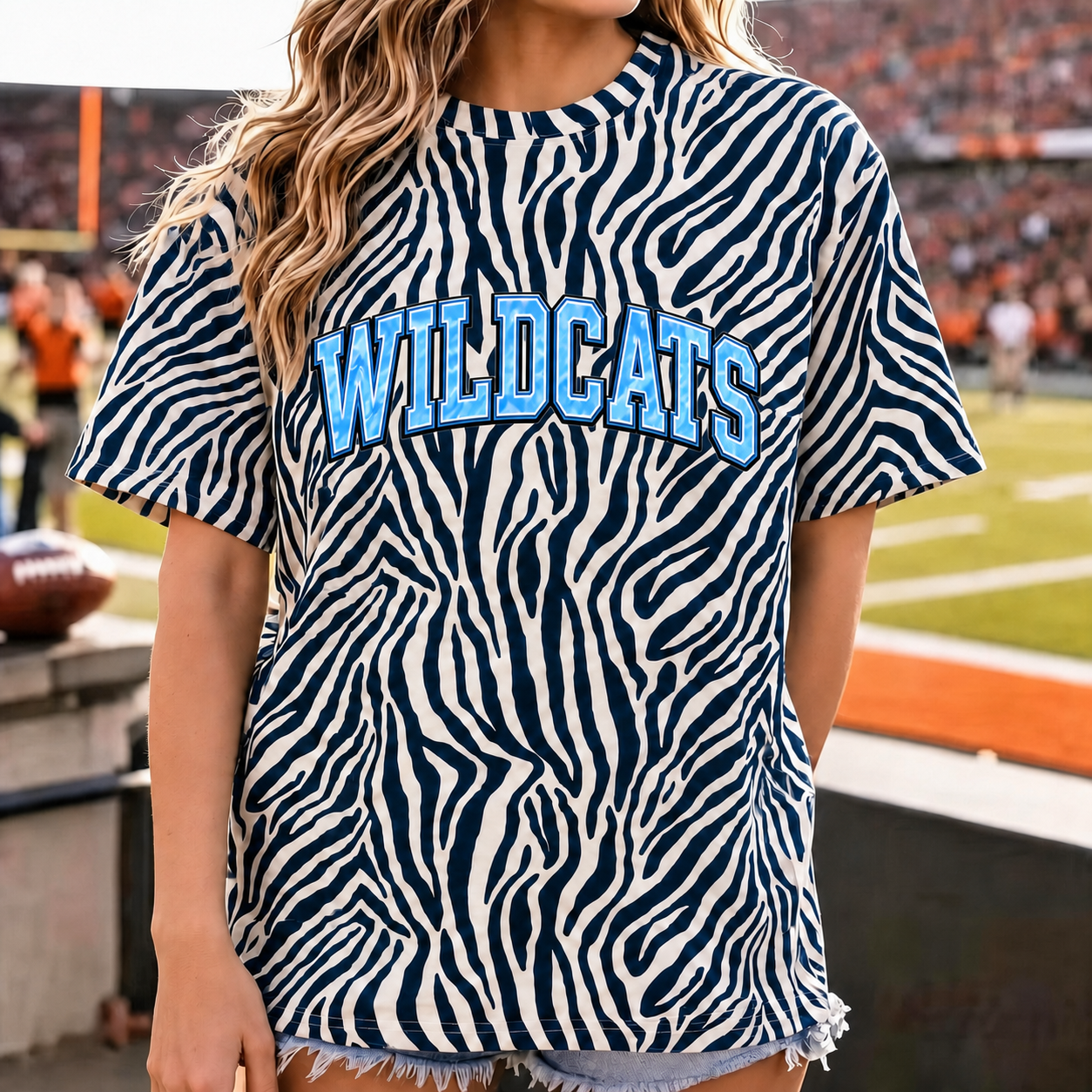 Custom Holographic Appliqué Varsity Team Name Zebra Print T-Shirt-Game Day Football Fan Gift