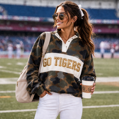 Custom Camo Snap Pullover Sweatshirt, Personalized Varsity Game Day Spirit Top