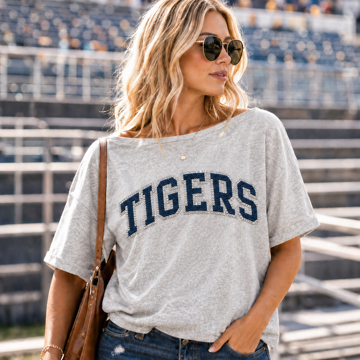 Custom Denim Appliqué Rhinestone Team Name Dropped Shoulder T-Shirt