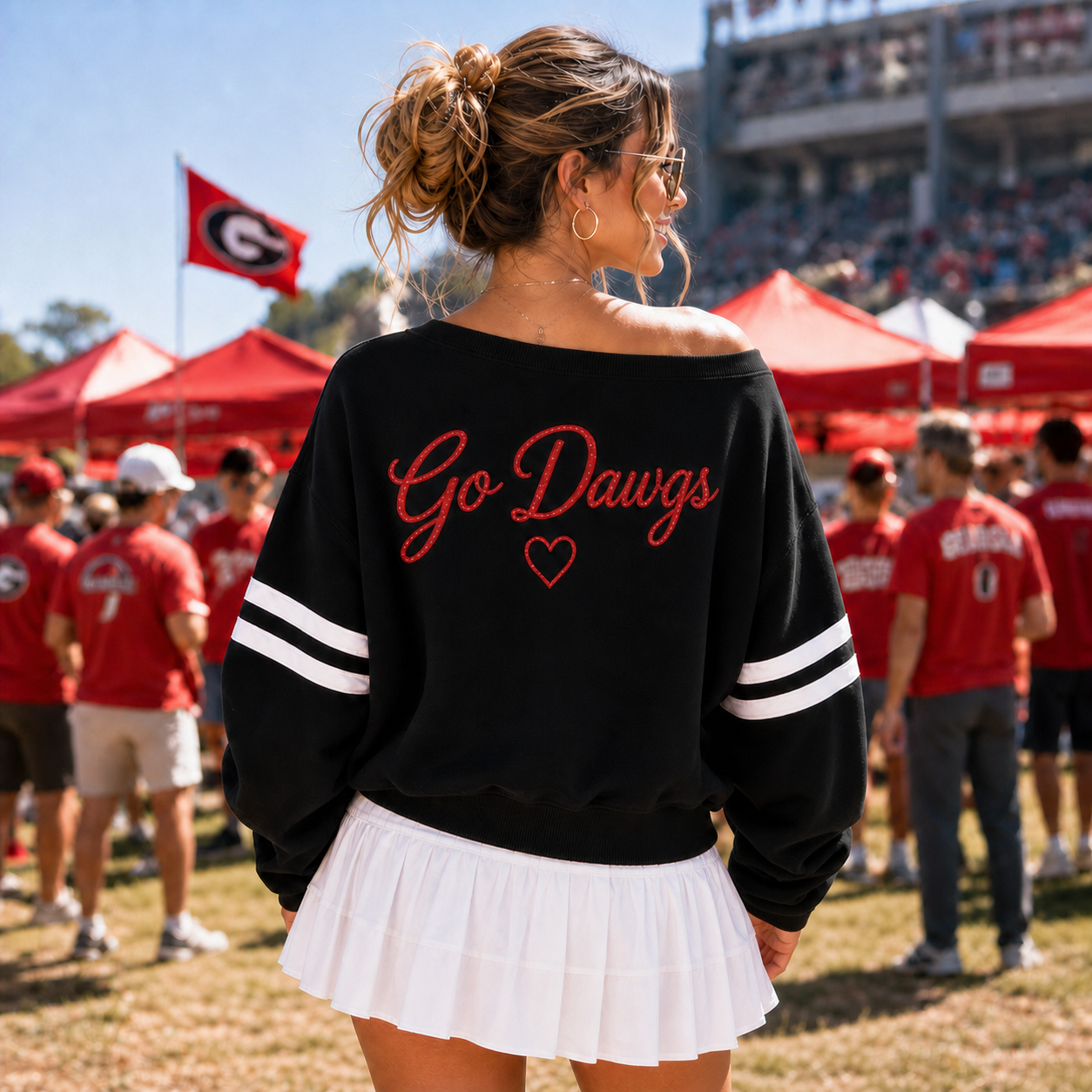 Custom Sequin Letter Off-Shoulder Sweatshirt, Personalized Embroidered Back Game Day Top