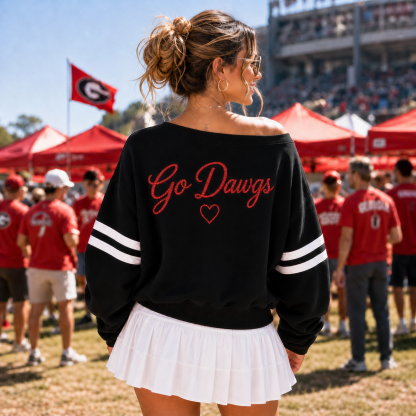 Custom Sequin Letter Off-Shoulder Sweatshirt, Personalized Embroidered Back Game Day Top