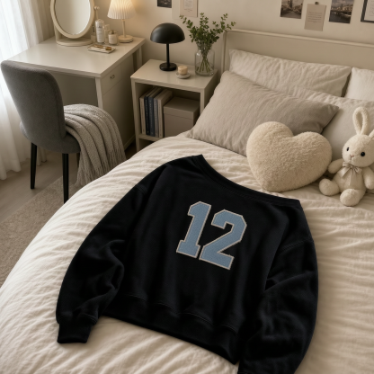 Custom Off-Shoulder Denim Number Game Day Sweatshirt