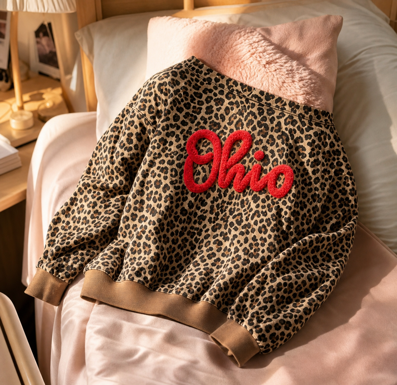 Custom Leopard Off-Shoulder Chenille Game Day Sweatshirt