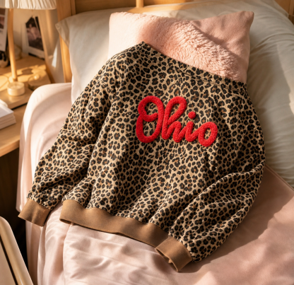 Custom Leopard Off-Shoulder Chenille Game Day Sweatshirt