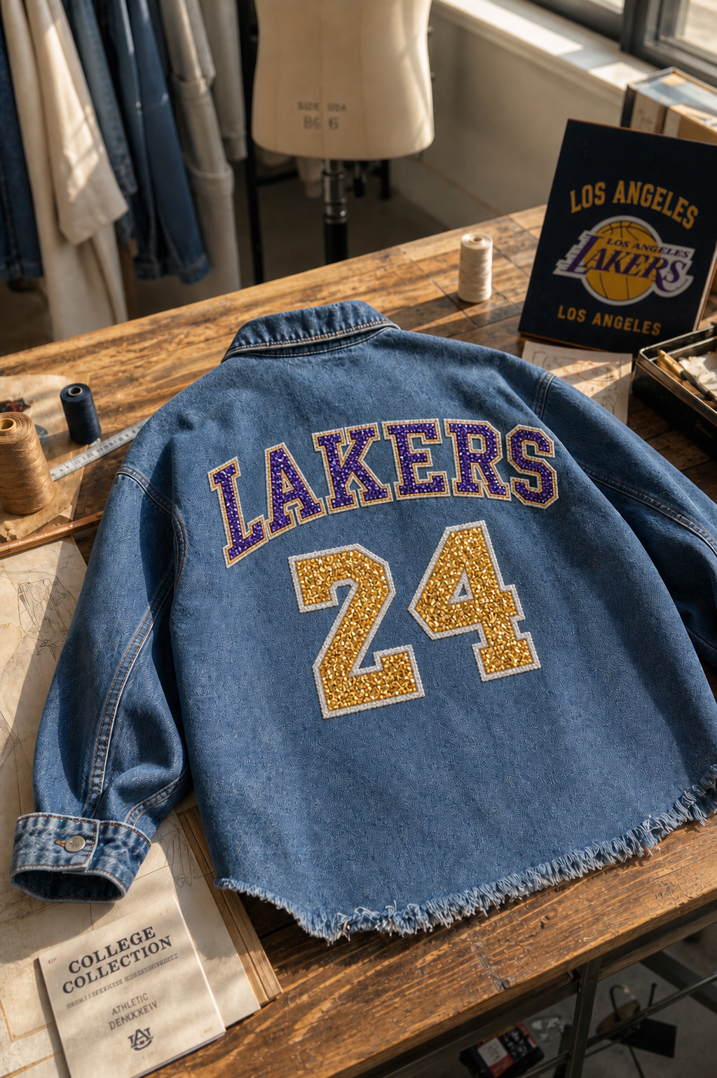 Custom College Game Day Denim Jacket, Personalized Varsity Letter Jacket with Sequin Number, Tailgate Outfit for Football Fans