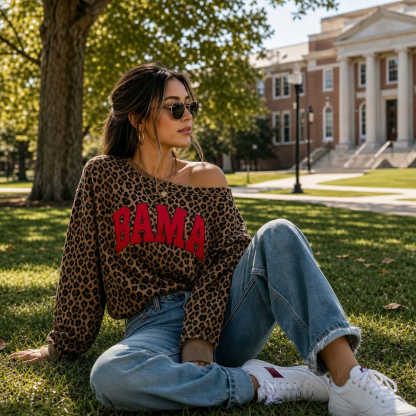 Custom Leopard Off-Shoulder Graphic Game Day Sweatshirt