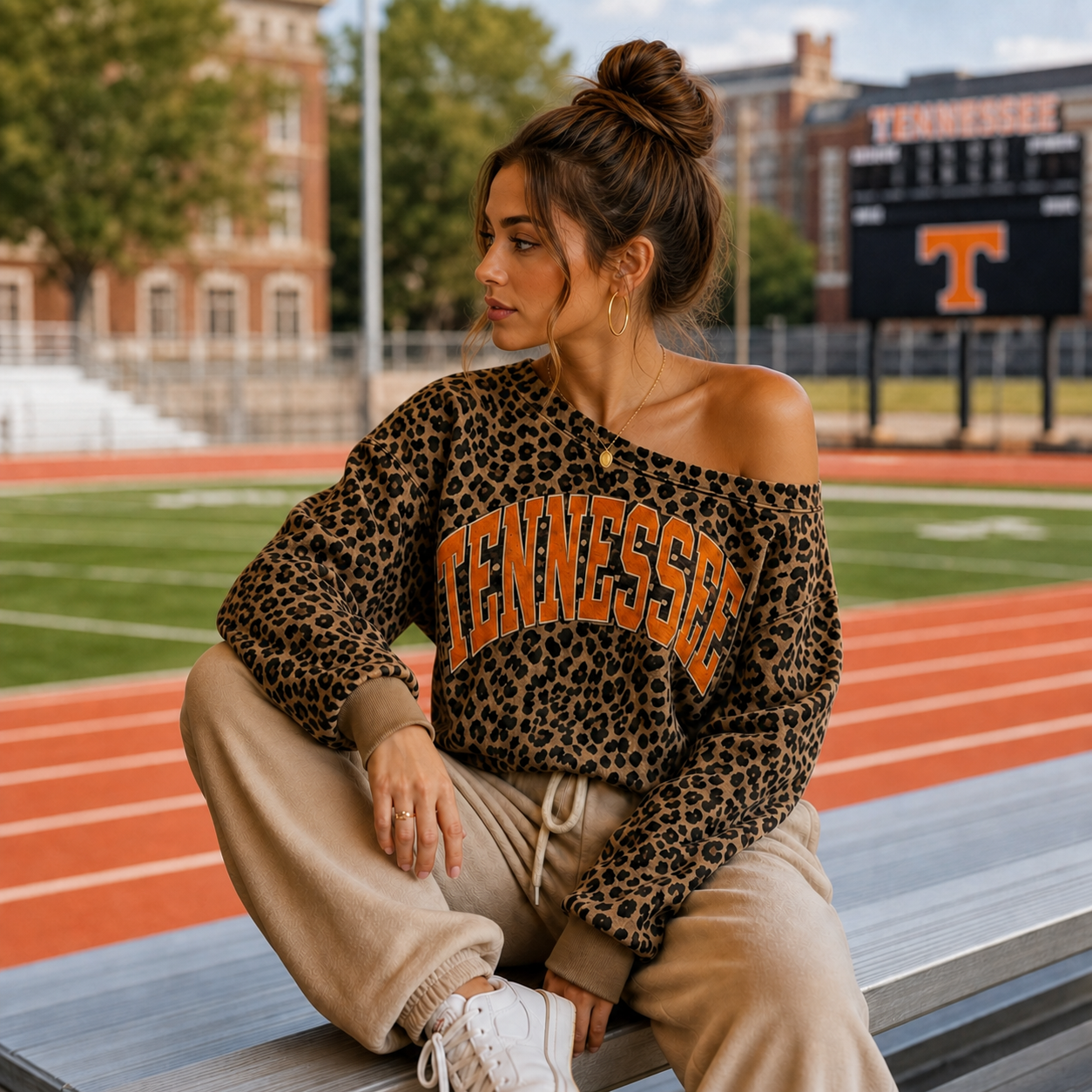 Custom Leopard Off-Shoulder Graphic Game Day Sweatshirt