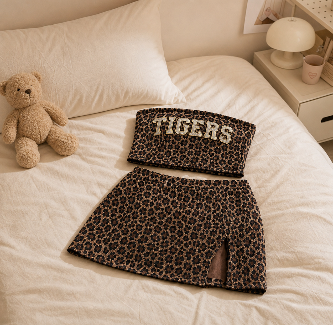 Custom Leopard Game Day Two-Piece Set, Personalized Strapless Top & Mini Skirt, Team Spirit Tailgate Outfit