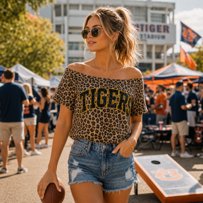 Personalized Sequin Embroidered Off-Shoulder Leopard T-Shirt