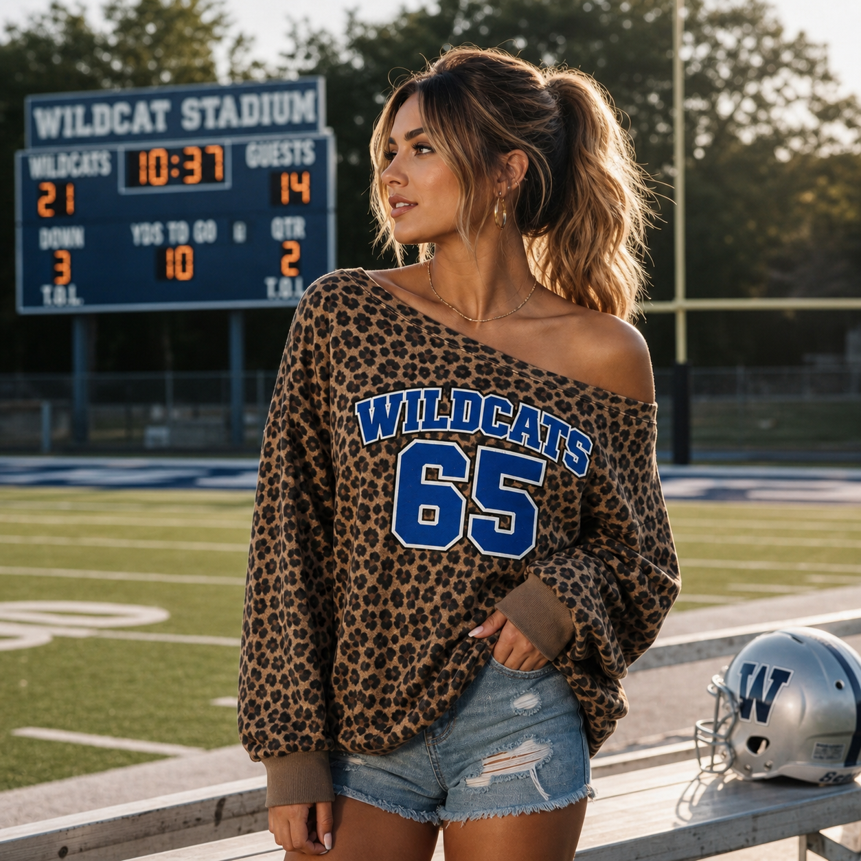 Custom Off-Shoulder Leopard Sweatshirt with Team Name & Number – Perfect for Game Day