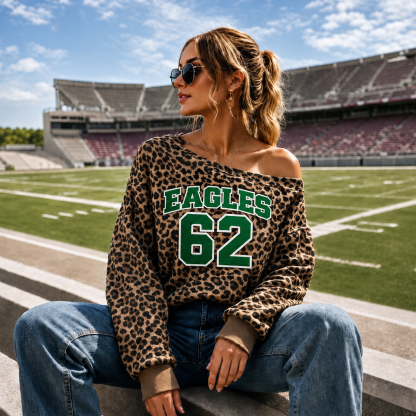 Custom Off-Shoulder Leopard Sweatshirt with Team Name & Number – Perfect for Game Day