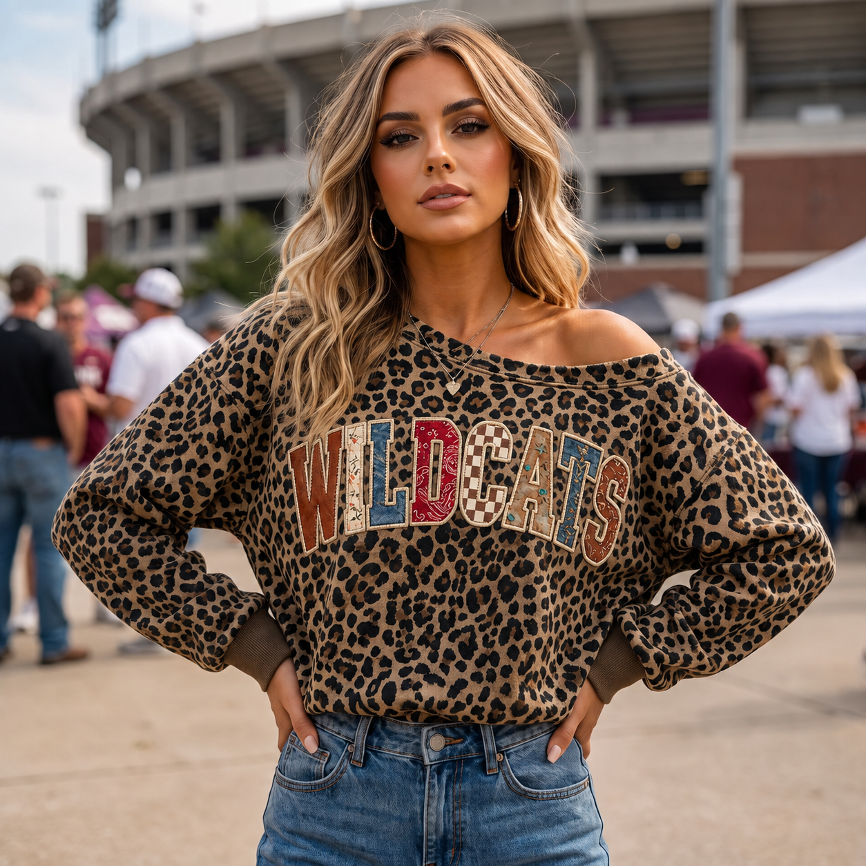 Personalized Western Cowboy Chenille Patch Leopard One-Shoulder Sweatshirt