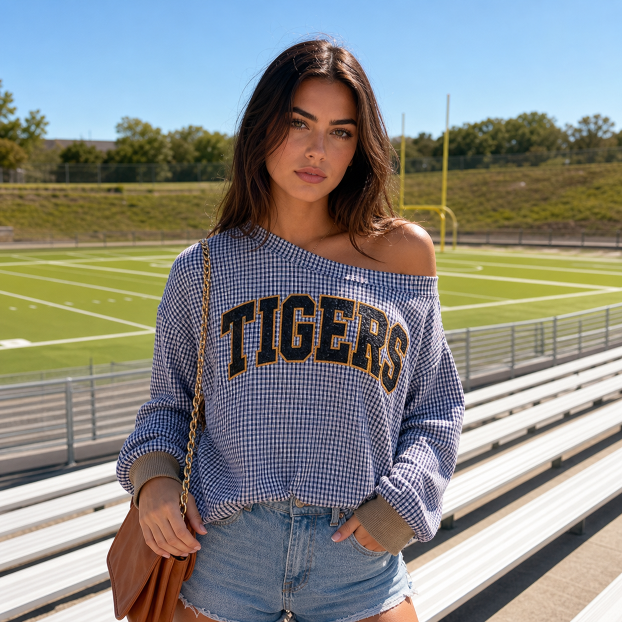 Personalized Sequin Team Name Plaid One-Shoulder Sweatshirt