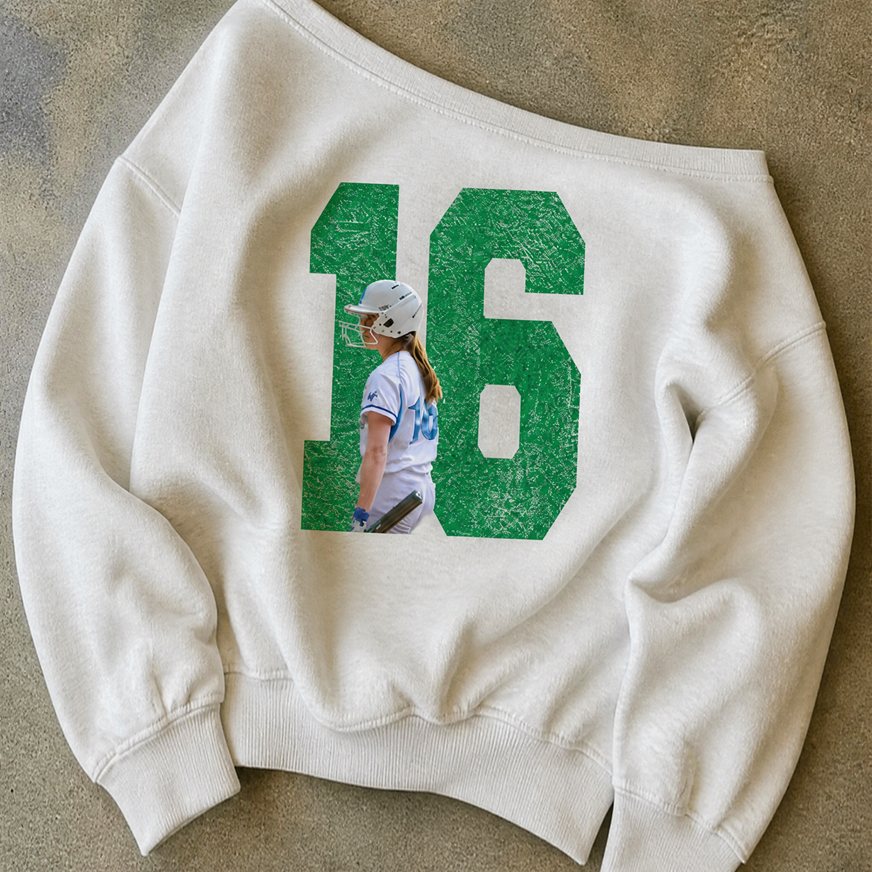 Custom Vintage Varsity Print Team Number or Letter Off-Shoulder Sweatshirt