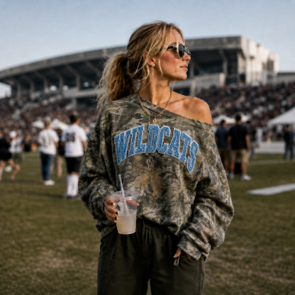 Custom Camo Off-Shoulder Sequin Game Day Sweatshirt