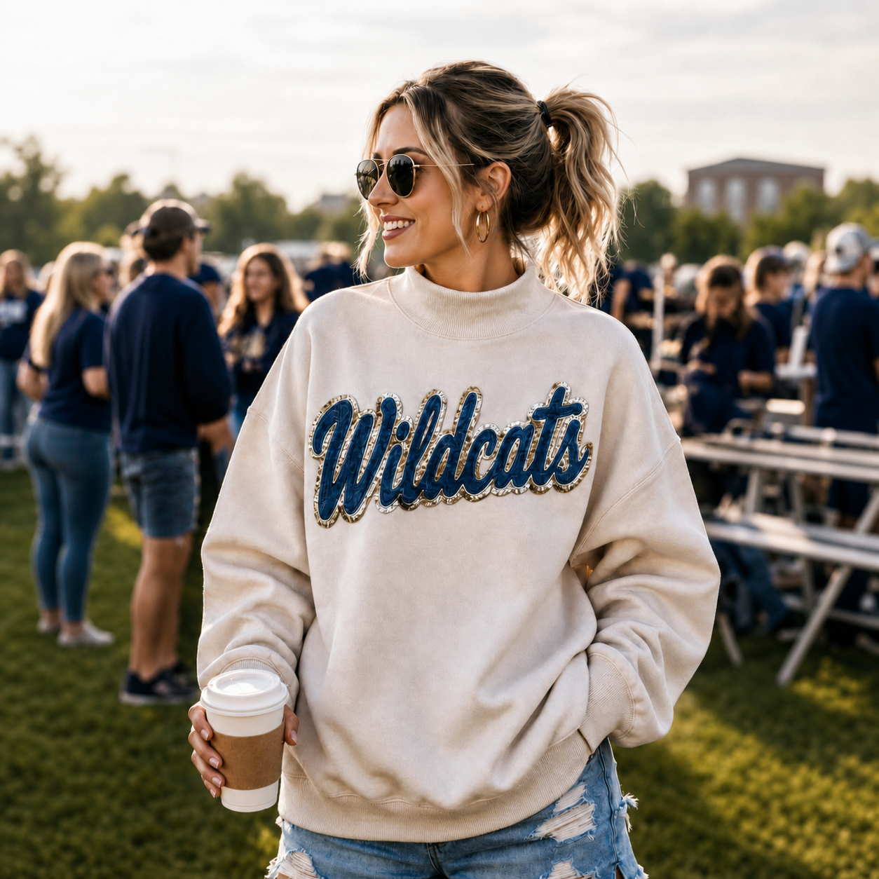 Custom Denim Applique Team Name Mockneck Sweatshirt