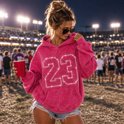 Custom Crystal Outline Number Washed Hoodie