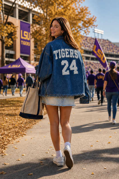 Custom College Game Day Denim Jacket, Personalized Varsity Letter Jacket with Sequin Number, Tailgate Outfit for Football Fans